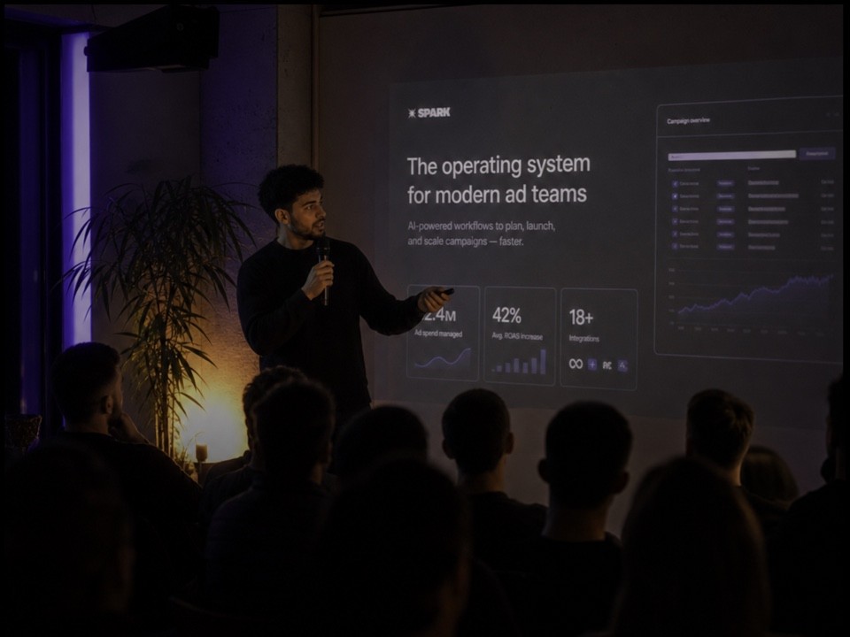 AI founder presenting their startup on stage at a Spark AI Showcase Night